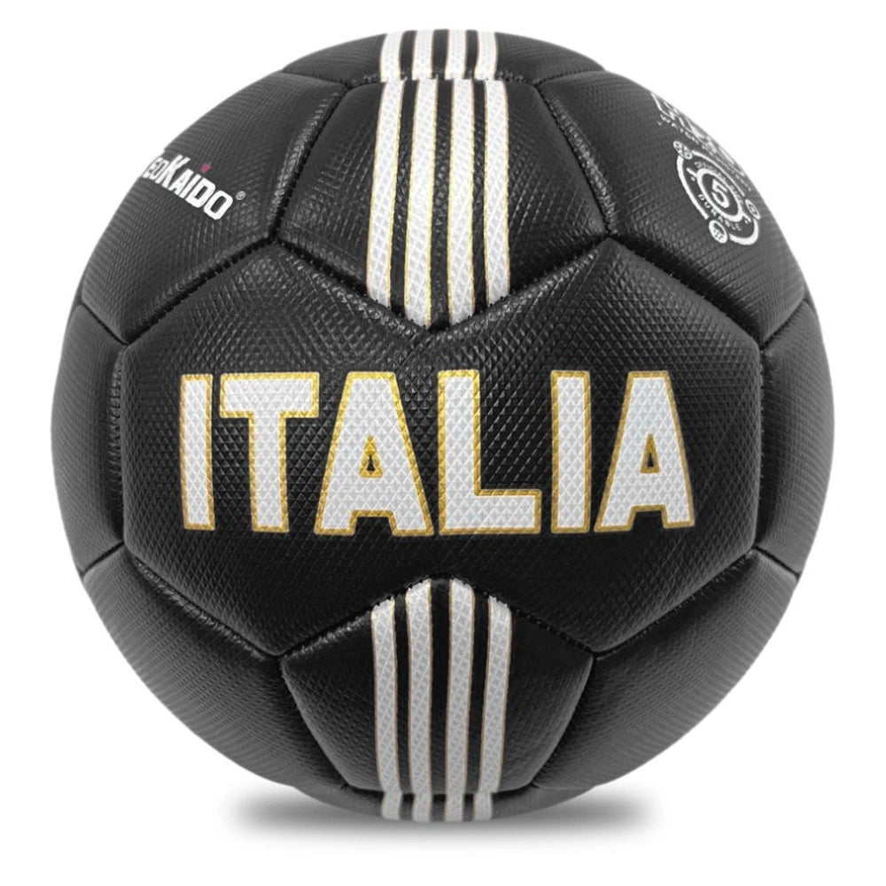 TeoKaido Italia Flag Football features a black soccer ball with white stripes and bold "ITALIA" text on a textured surface.