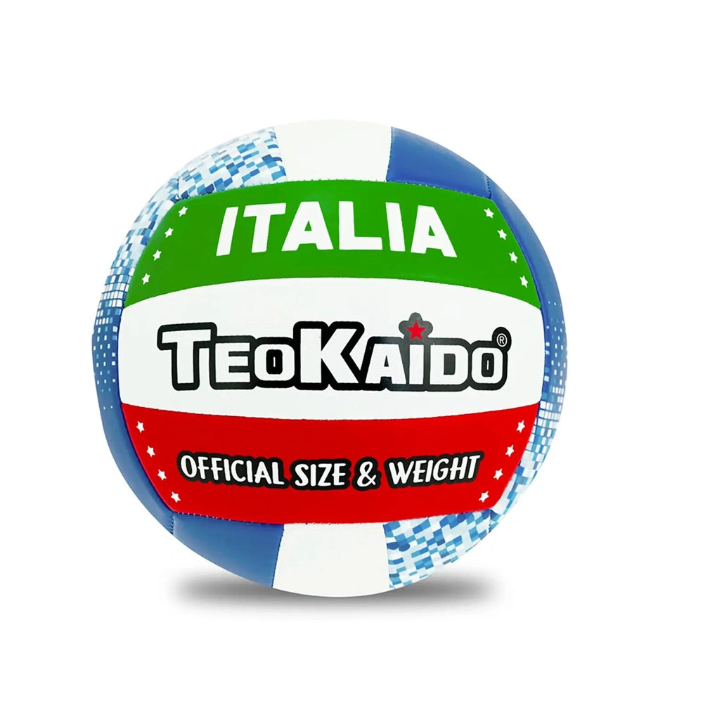 TeoKaido Italia Flag Volleyball features a textured surface with colorful accents and bold "ITALIA" text, ideal for sports.