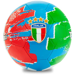 TeoKaido soccer ball features a colorful design with red, blue, and green panels, showcasing "ITALIA" and a crest emblem.