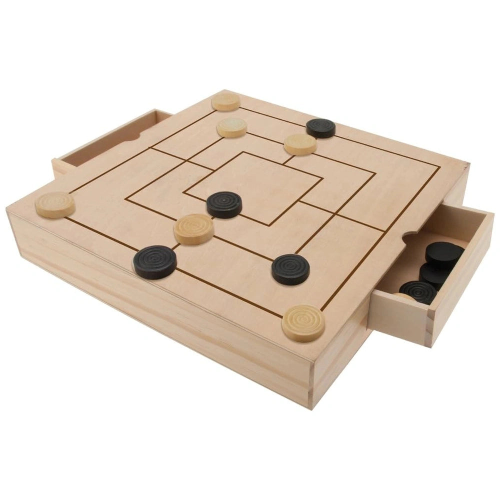 Teorema 3-in-1 wooden board game set featuring dark and light round pieces arranged on a grid-patterned board.