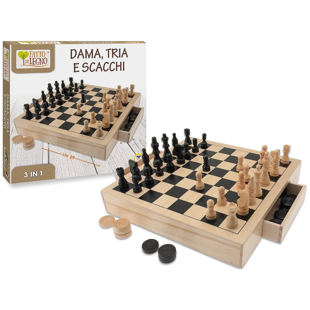 Teorema 3-in-1 wooden chess set features a checkerboard, black and white pieces, and a box for additional components.