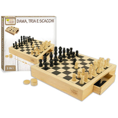 Teorema 3-in-1 wooden chess set features a checkerboard with black and white pieces, including a box for additional component