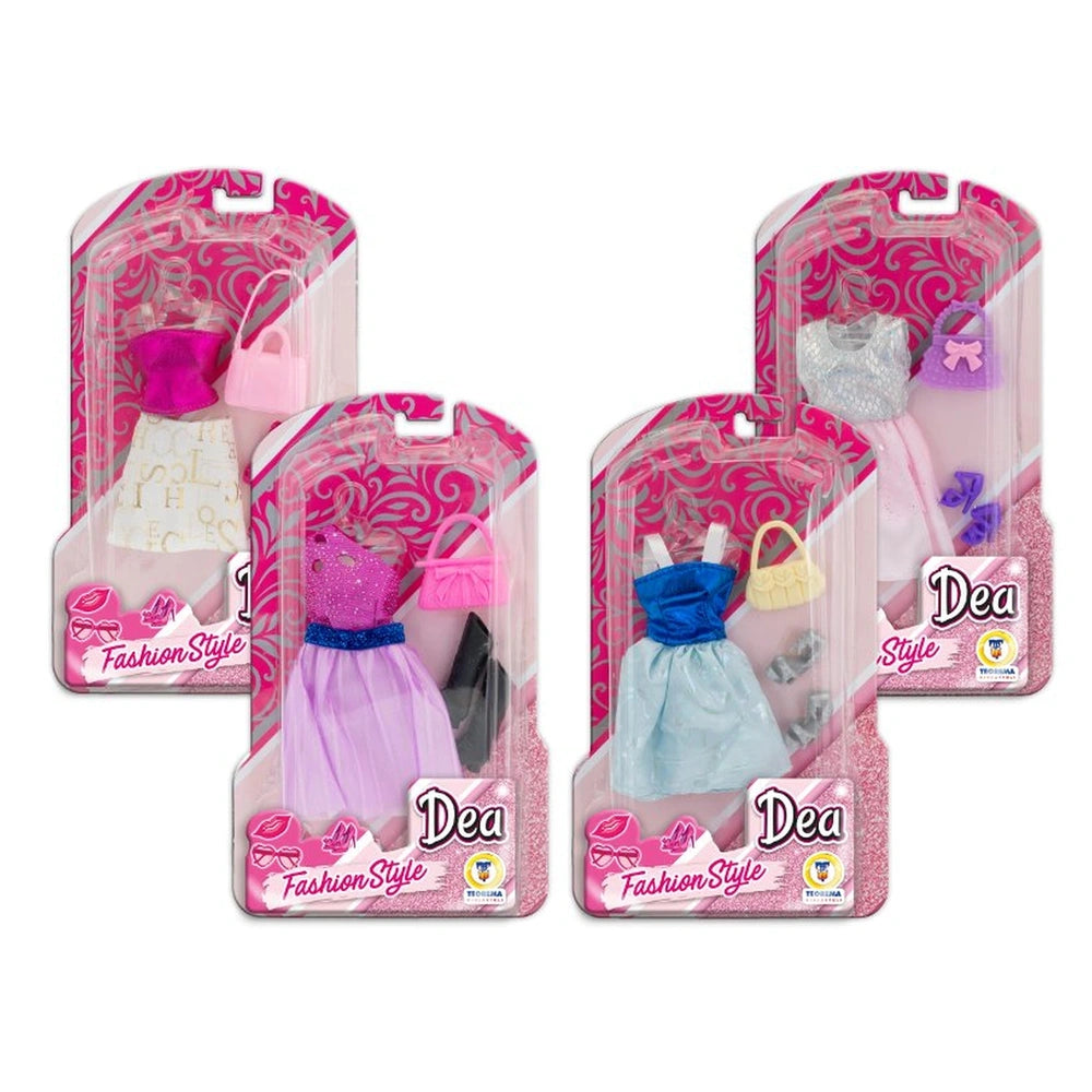 Teorema Dea Fashion Style Doll Outfit Set features three pastel-dressed dolls with stylish accessories in glossy packaging.