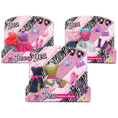 Teorema Dea Fashion Style Doll Outfit Set features vibrant clothing and accessories in pink, yellow, and purple on a zebra pr