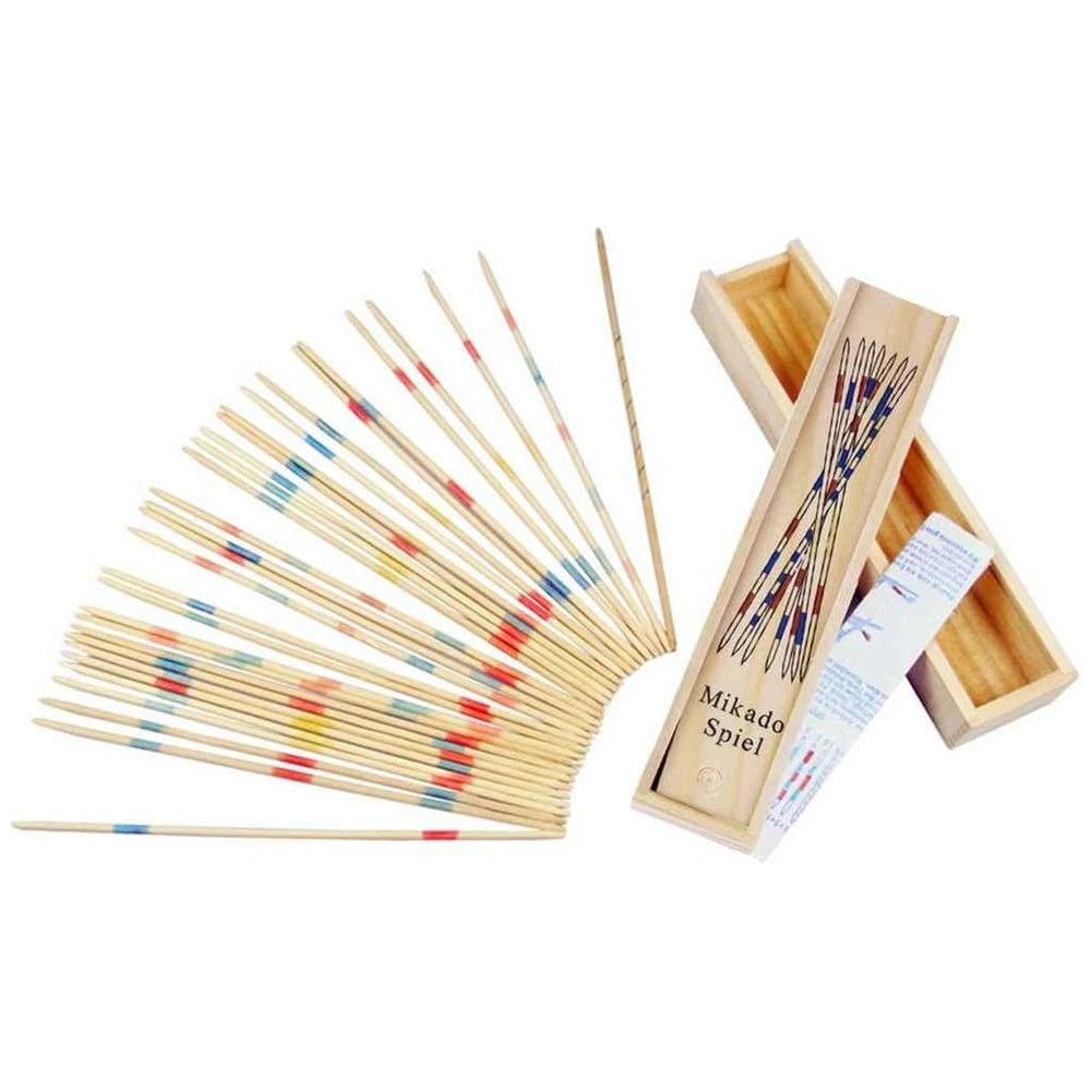 Teorema Mikado Stick Game features colorful wooden sticks and patterned boxes, perfect for family fun and entertainment.