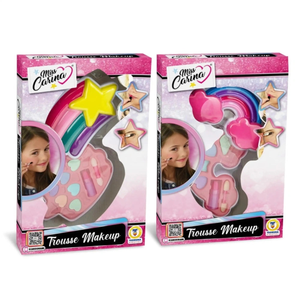 Teorema - Miss Carina Make Up Set features a pink glittery packaging showcasing a toy makeup set with lipstick, eyeshadow, an