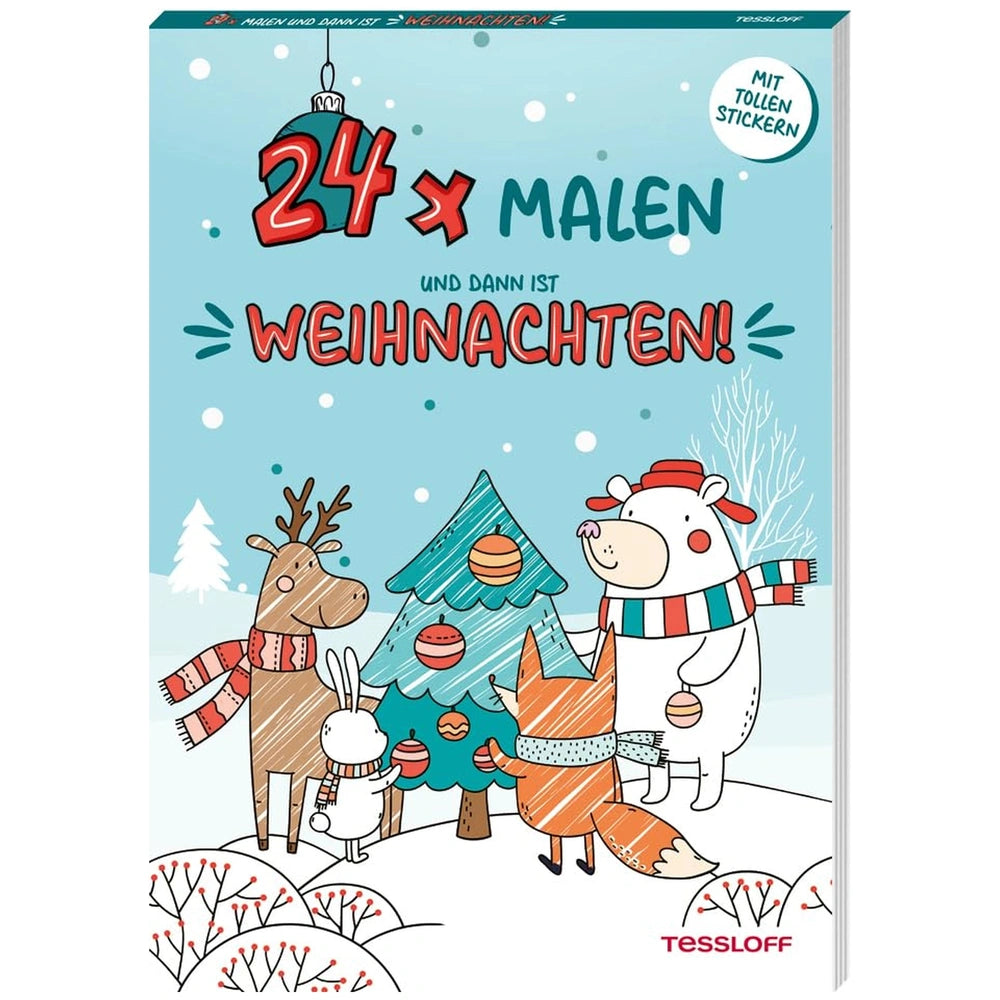 TESSLOFF Advent Calendar Coloring Book features a festive scene with animals around a decorated Christmas tree in a snowy lan