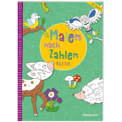 TESSLOFF's "Malen nach Zahlen" book cover features vibrant cartoon animals and plants in a whimsical design.