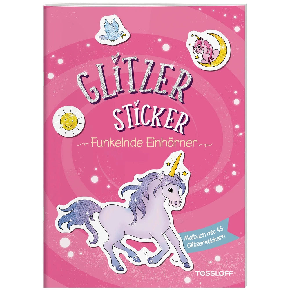 TESSLOFF Glitter Sticker Coloring Book features a playful unicorn on a pink gradient background with decorative stars and a b