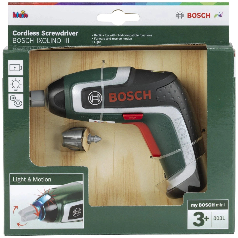 Theo Klein Bosch cordless screwdriver in green and black packaging with battery indicator and mini product label.