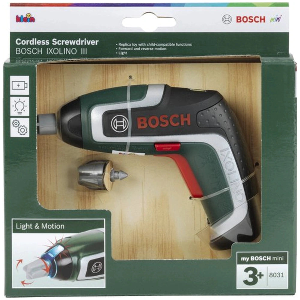 Bosch cordless screwdriver in green and black visible through cardboard packaging with white text and red button.