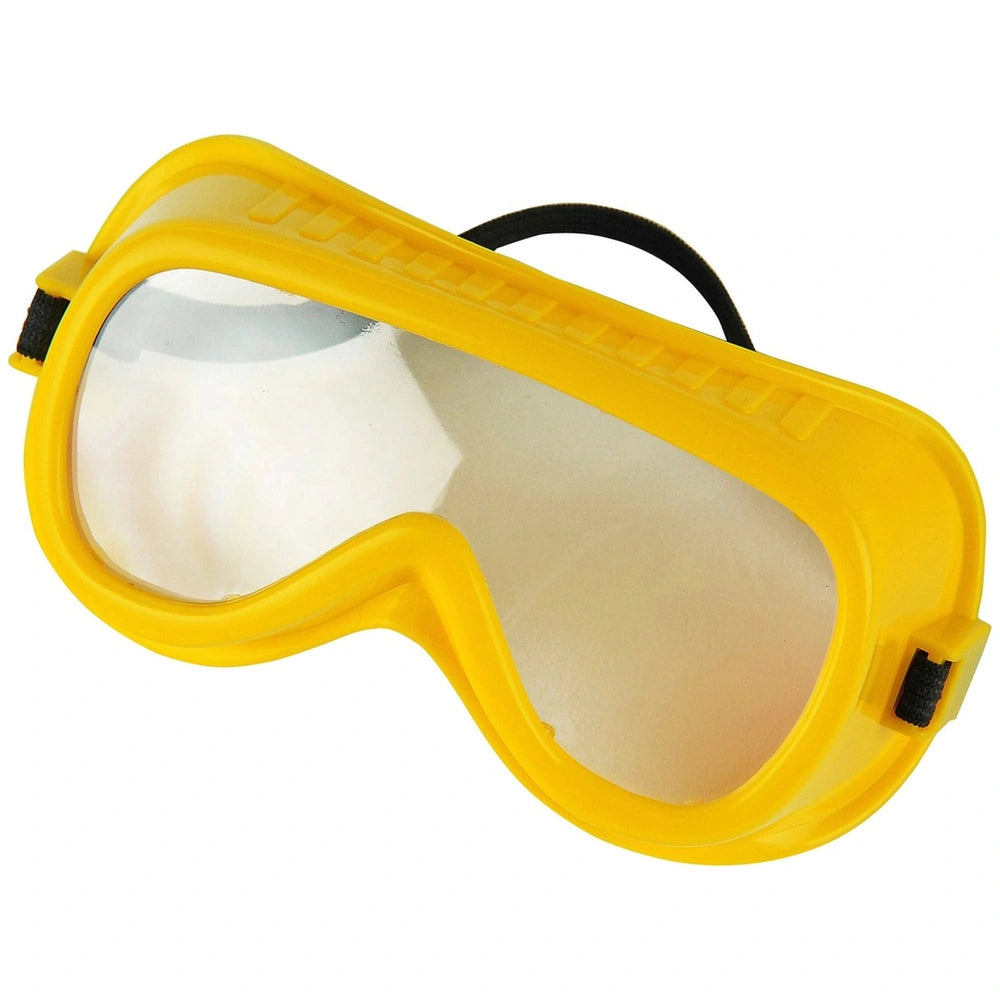 Yellow plastic goggles with a black strap and transparent window for pretend professions and role playing.