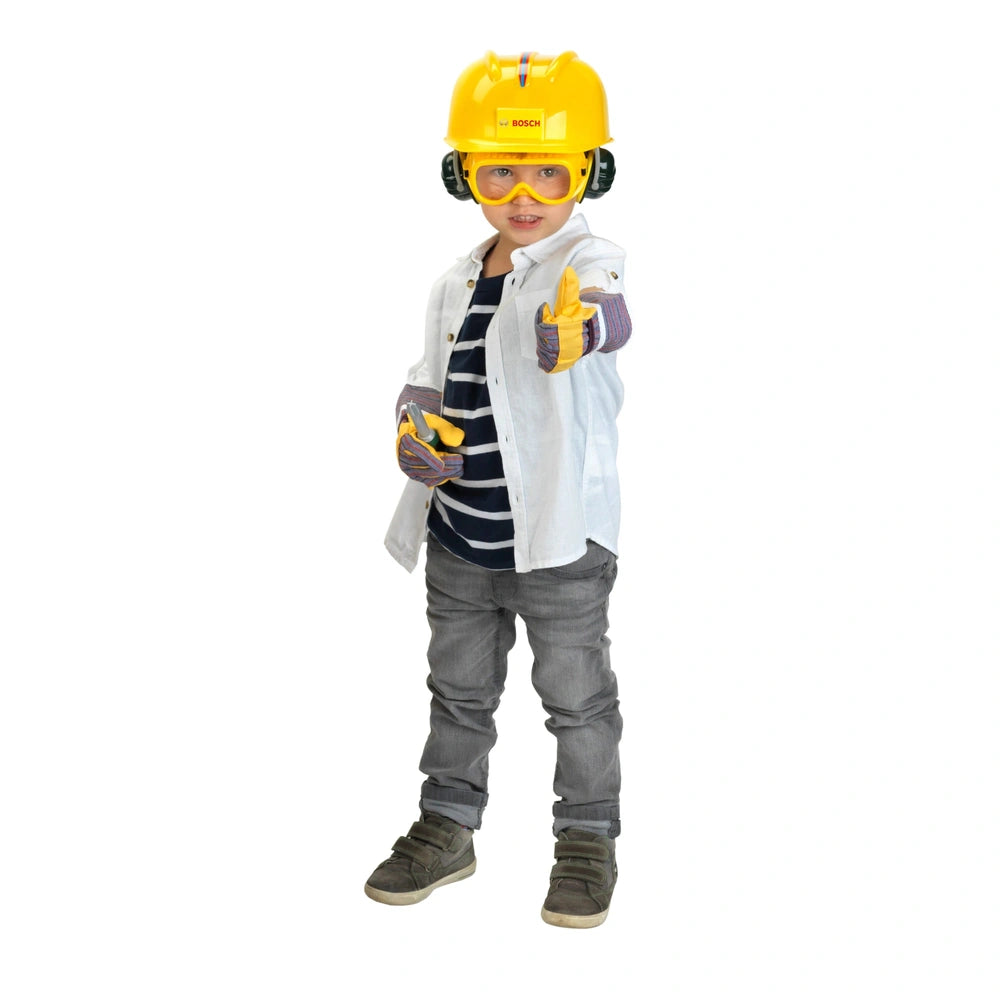 Theo Klein Bosch accessories set features a child in a yellow hard hat, white shirt, gray pants, and yellow gloves holding a 