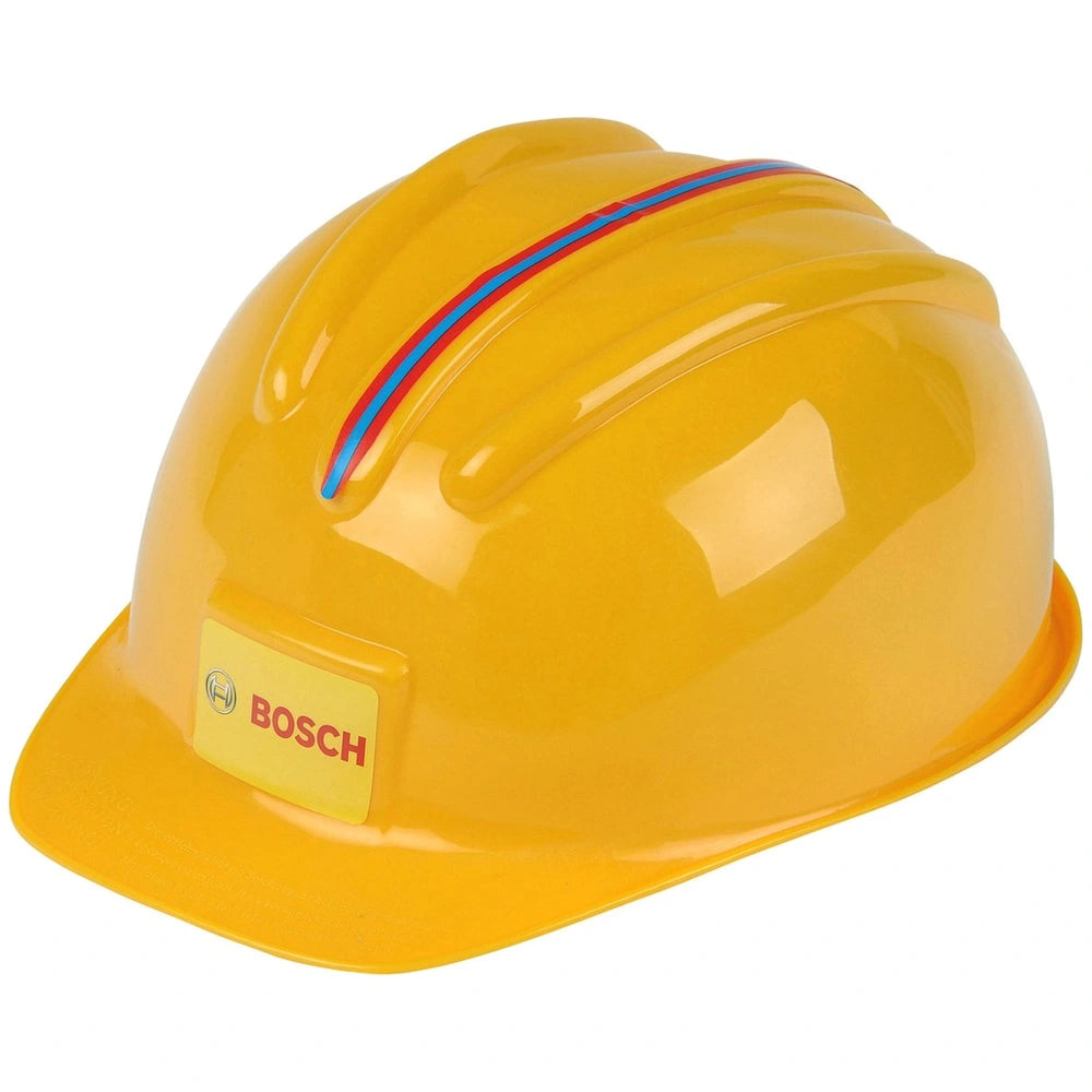 Yellow Bosch helmet with red and blue stripe, visor, chin strap, and rear adjustment strap, made of glossy plastic.