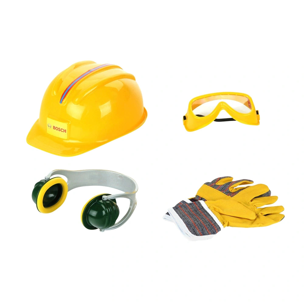Theo Klein Bosch accessories set includes a yellow helmet with red stripe, goggles, and textured gloves for role playing.