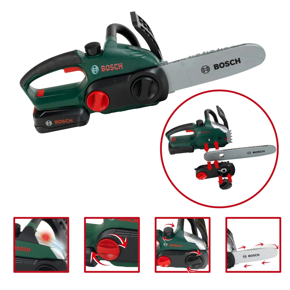 Theo Klein Bosch chainsaw in green plastic with silver guide bar, red buttons, and black chain tensioner, perfect for role pl