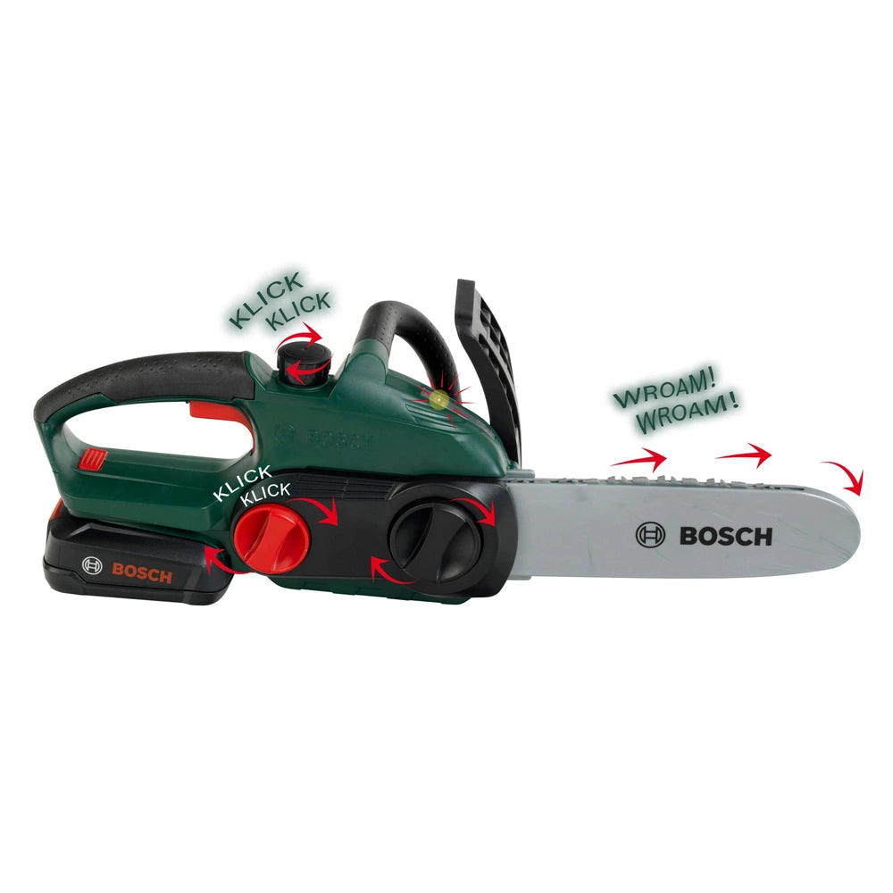 Theo Klein Bosch Chain Saw II in green with silver blade, black handle, and red buttons featuring "KLICK KLICK" and "WRÖAM!" 