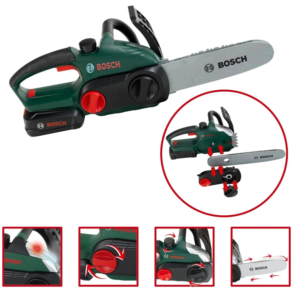 Bosch chainsaw toy in green plastic with a silver blade, black handle, and red button, designed for pretend play and role-pla