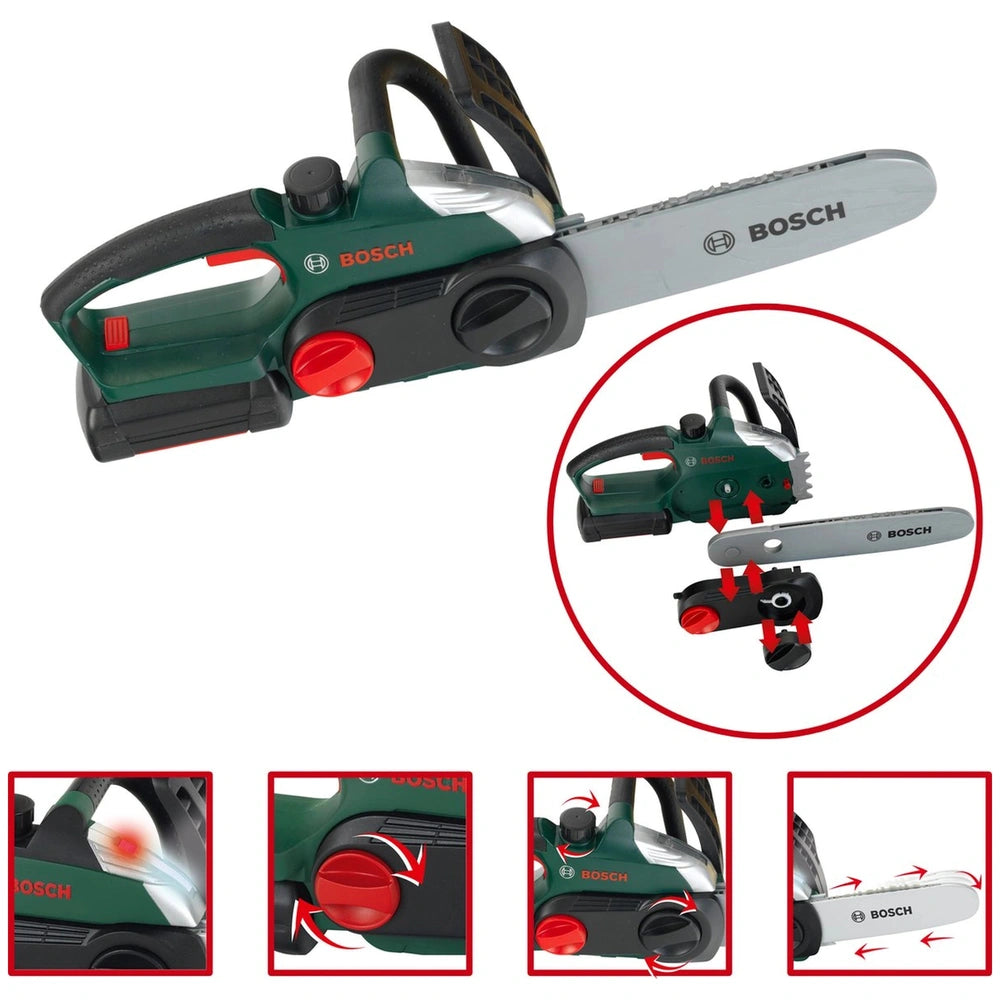Theo Klein Bosch chainsaw in green and black, featuring a silver blade, trigger mechanism, and red button with "BOSSCH" text.