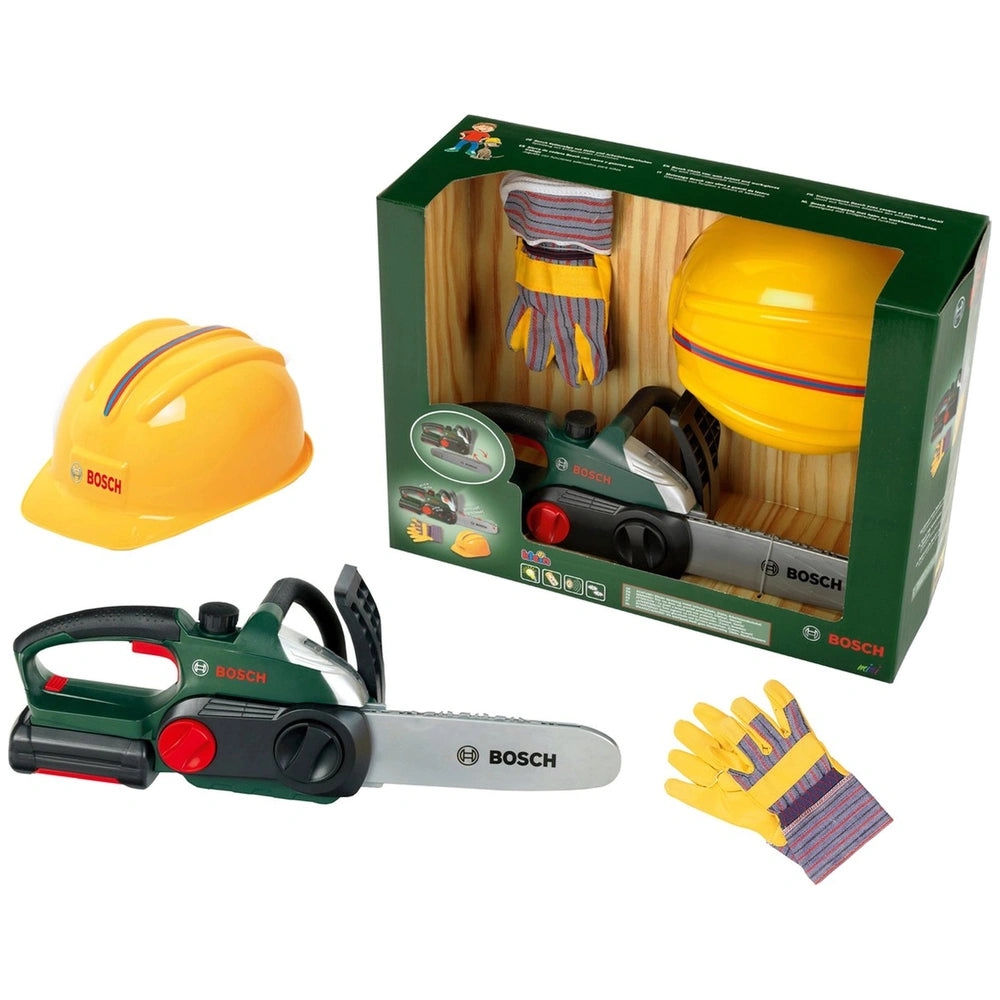 Theo Klein Bosch chainsaw toy in yellow and green, displayed in cardboard packaging with clear window and multiple labels.