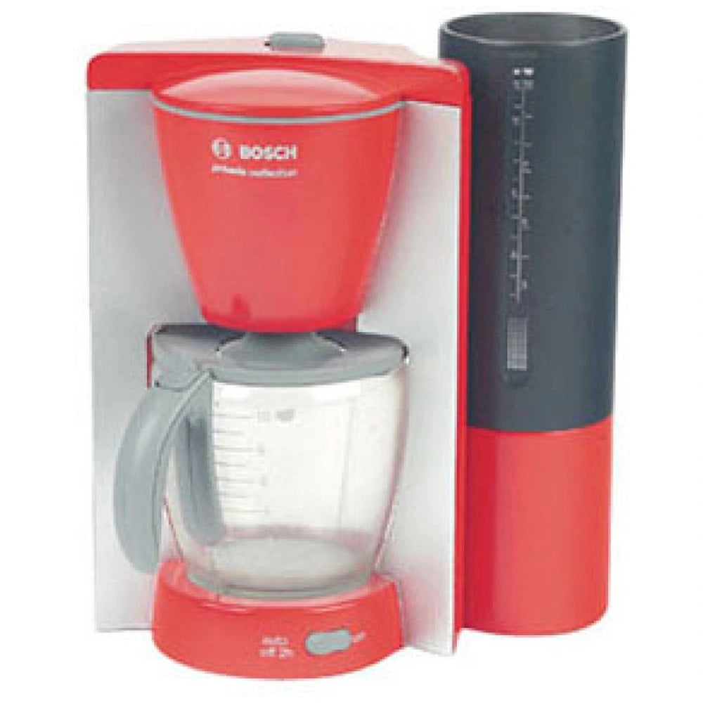 Theo Klein Bosch coffee maker in red and gray plastic with clear pitcher, featuring "BOSCH" and "1.5L" printed on the sides.