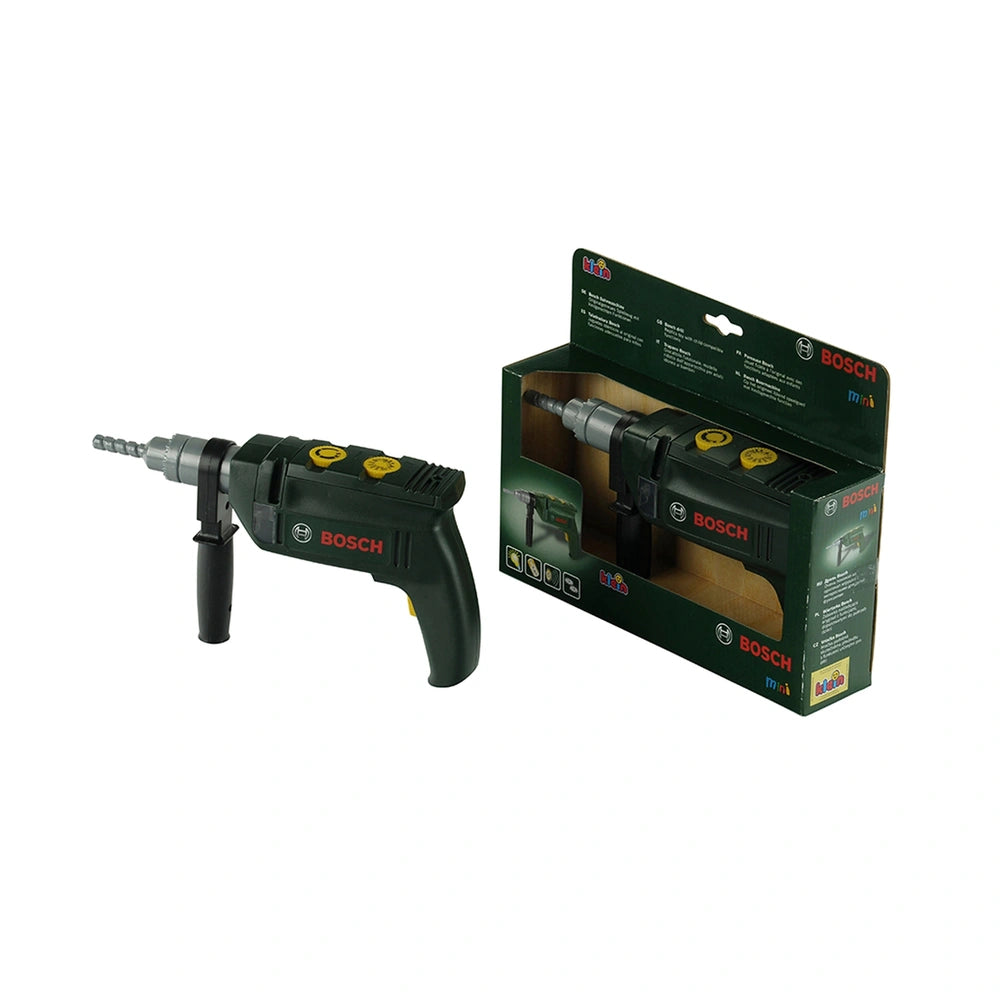 Theo Klein Bosch drill toy in green, glossy finish, displayed in green and white packaging with clear window and brand labels