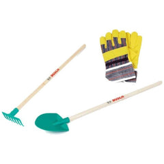 Theo Klein Bosch Garden 3-piece gardener set featuring a wooden handle, green scoop, and yellow-blue striped glove.