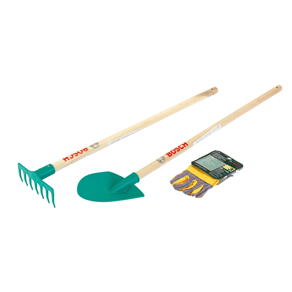 Theo Klein Bosch Garden Gardener Set with wooden shovel handle, green scoop, and yellow-blue cloth accents.