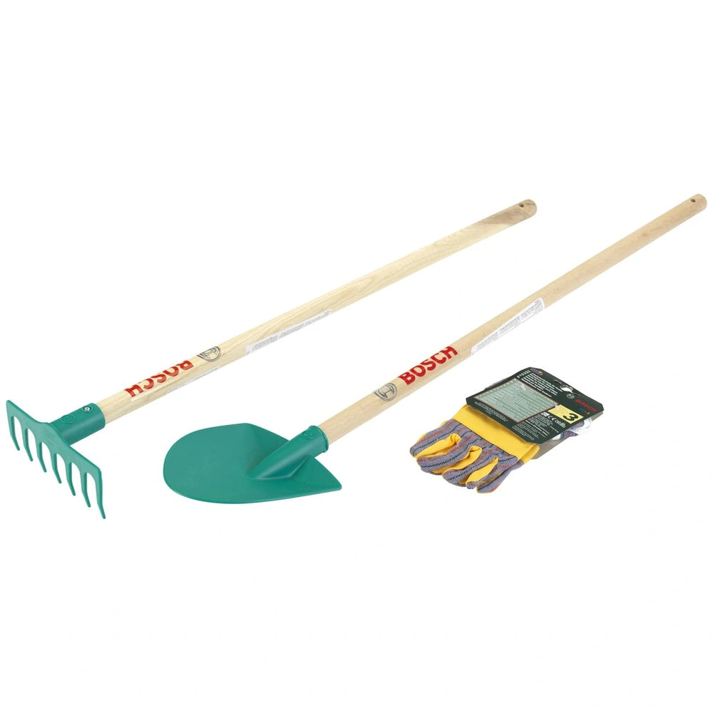 Theo Klein Bosch Garden Gardener Set with wooden handle and green, yellow, and purple plastic blades, featuring "BOSCA" text.