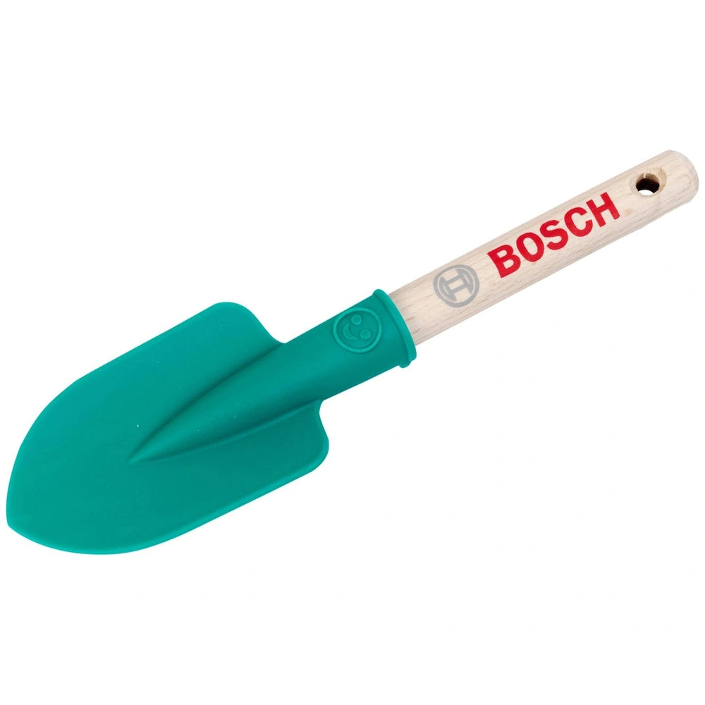 Theo Klein Bosch garden hand shovel with green plastic head and brown wooden handle featuring "BOSS" inscription.