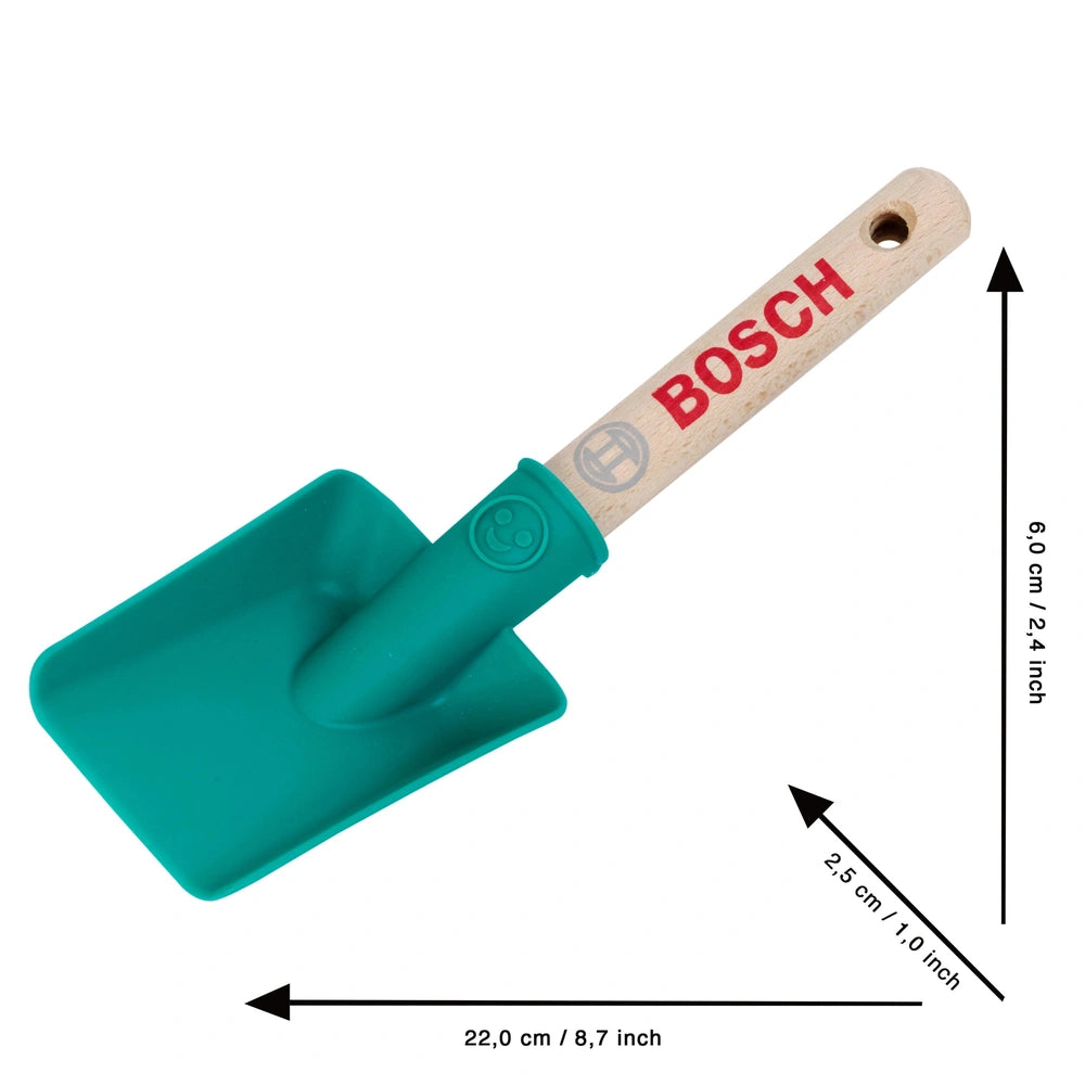 Theo Klein Bosch Garden hand shovel with a green plastic head and brown wooden handle featuring multiple holes and a logo.