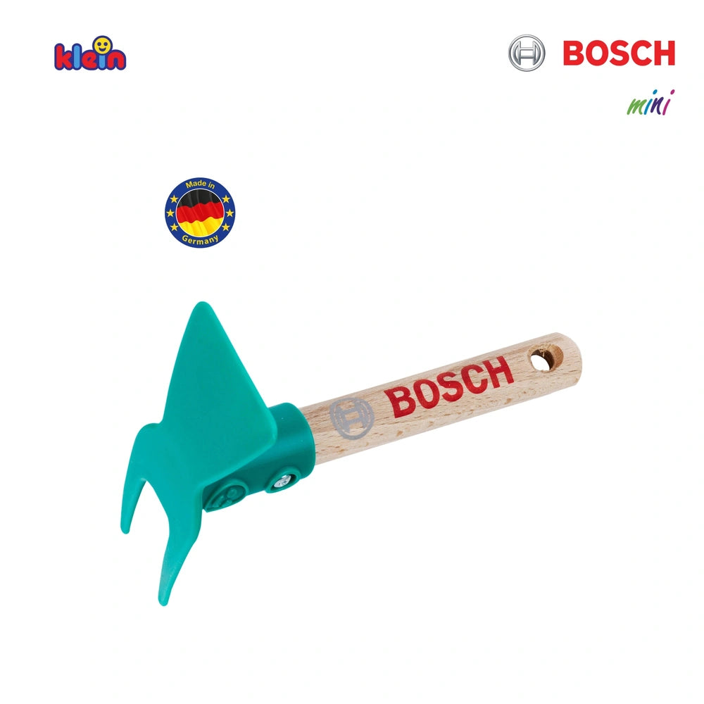 Theo Klein Bosch garden hoe with a green handle and wooden shaft, designed for outdoor play equipment.