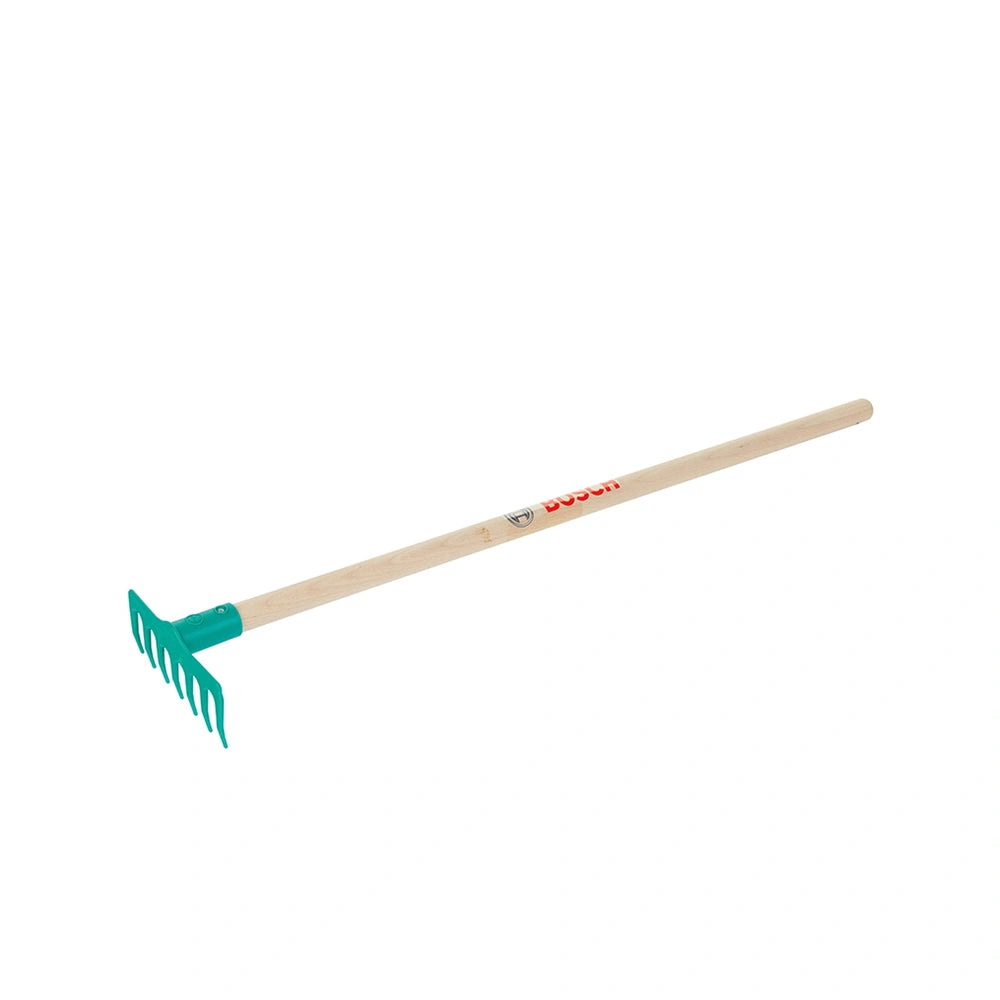 Theo Klein Bosch Garden rake with green plastic fork tines and a brown wooden handle for outdoor play equipment.