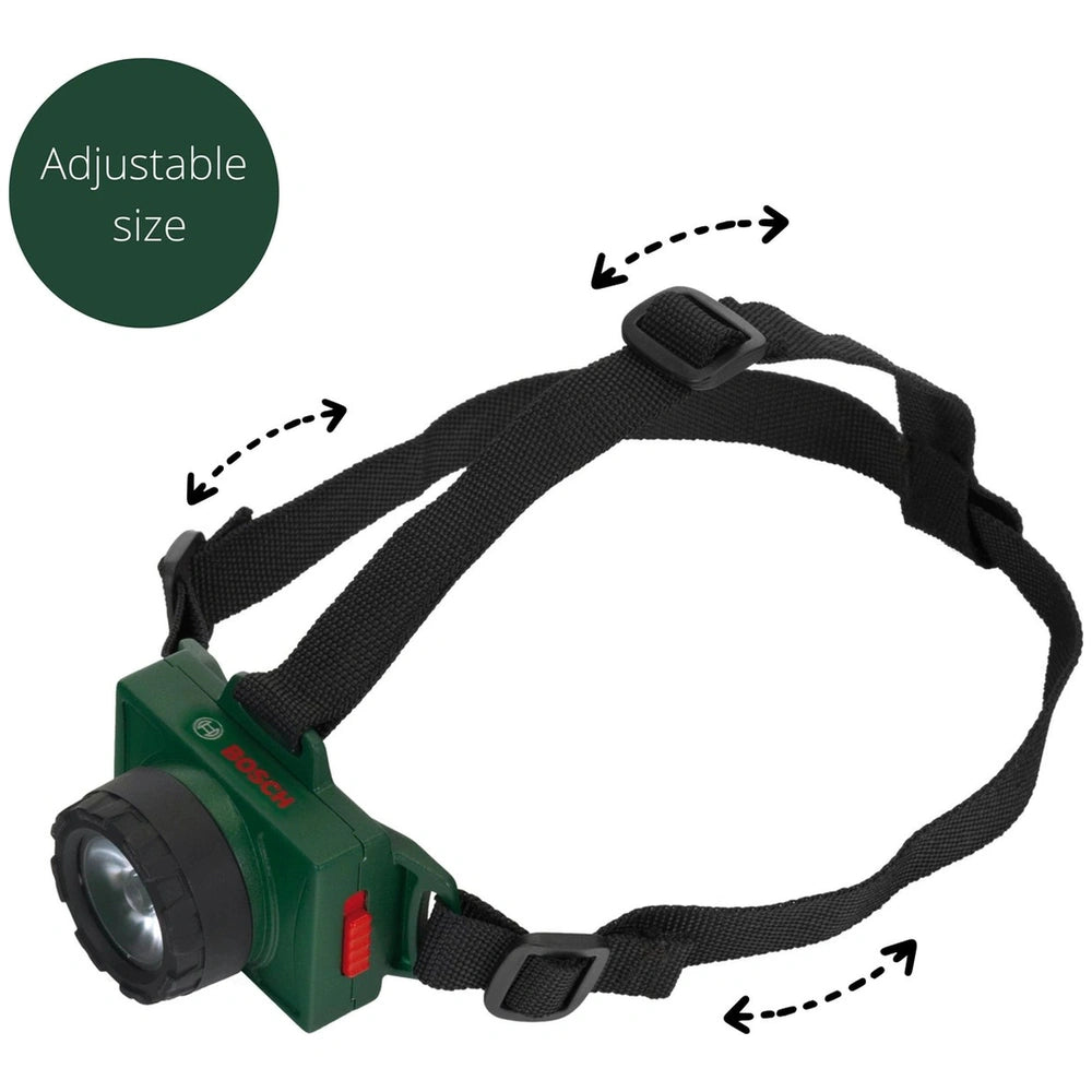 Theo Klein Bosch head lamp in green with black strap, lens cover, and buckle, featuring "BOSS" text and red button.