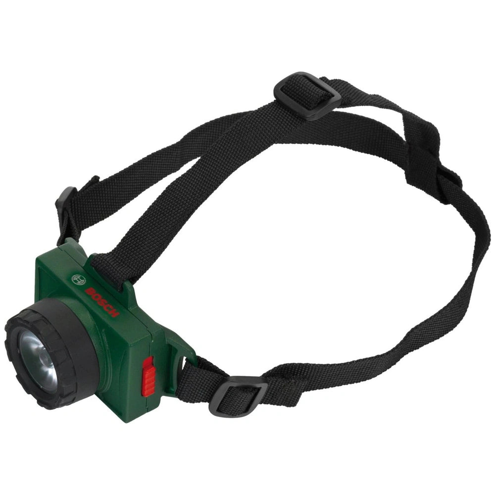 Bosch headlamp with a green housing, clear lens, black strap, and buckle, featuring the text "BOSSCH" and a red button.
