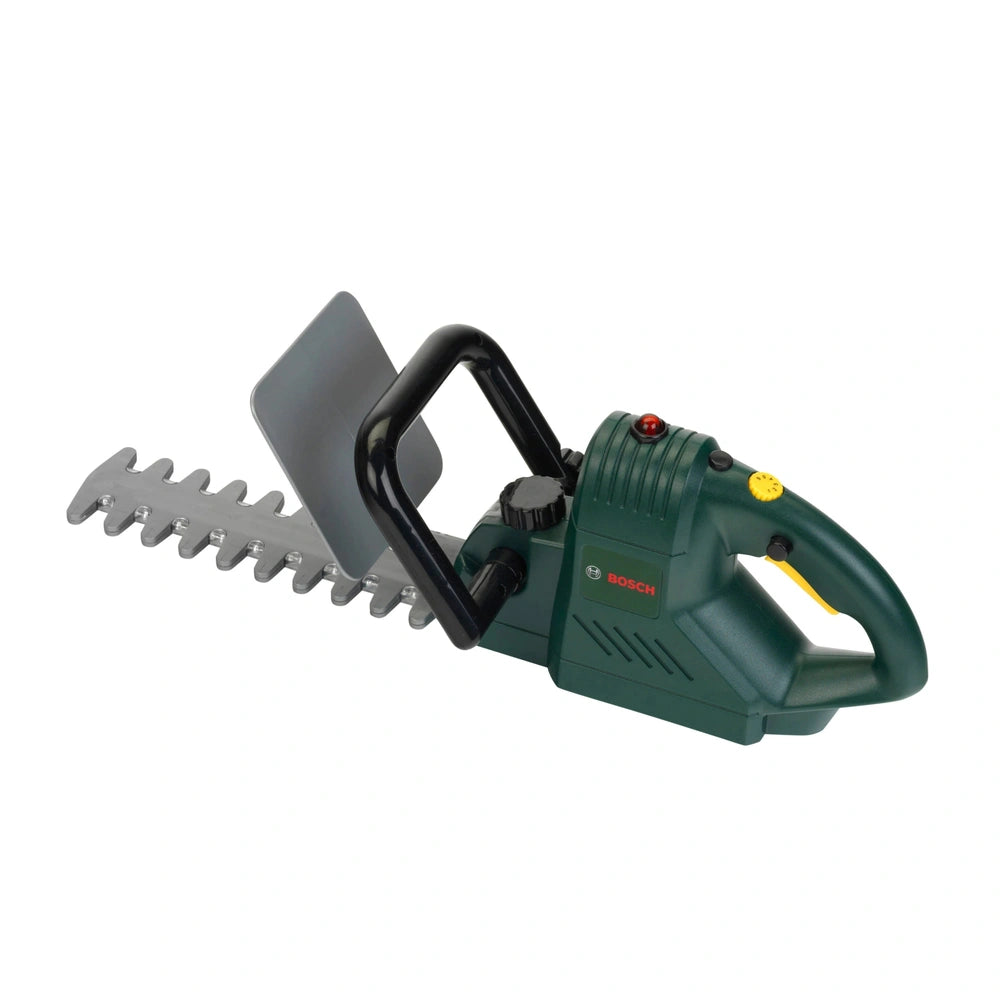 Theo Klein Bosch hedge trimmer with green plastic body, black handle, silver blade, and red/white logo and buttons.