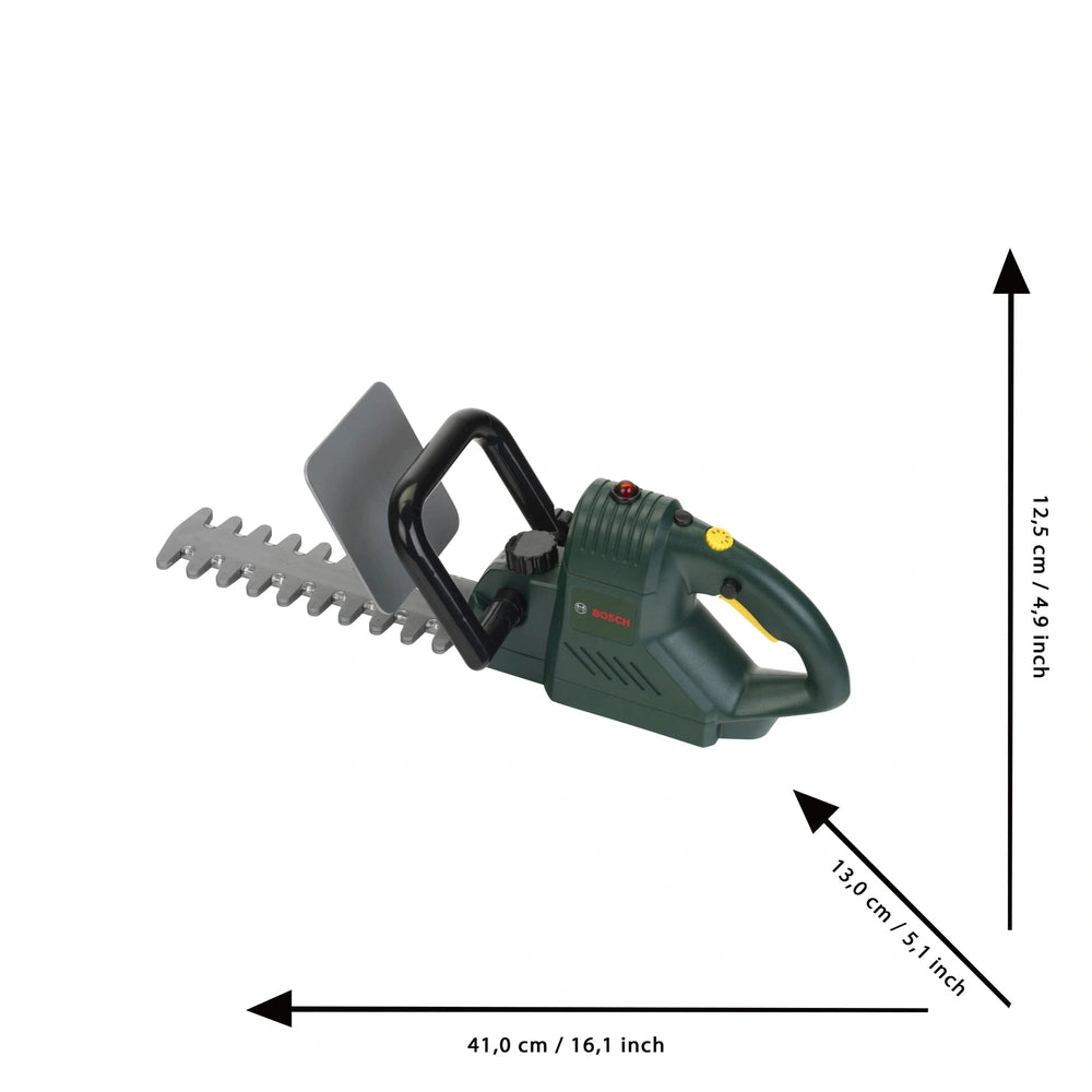 Theo Klein Bosch hedge trimmer in dark green plastic with black blade, handle, and multiple buttons for pretend play.