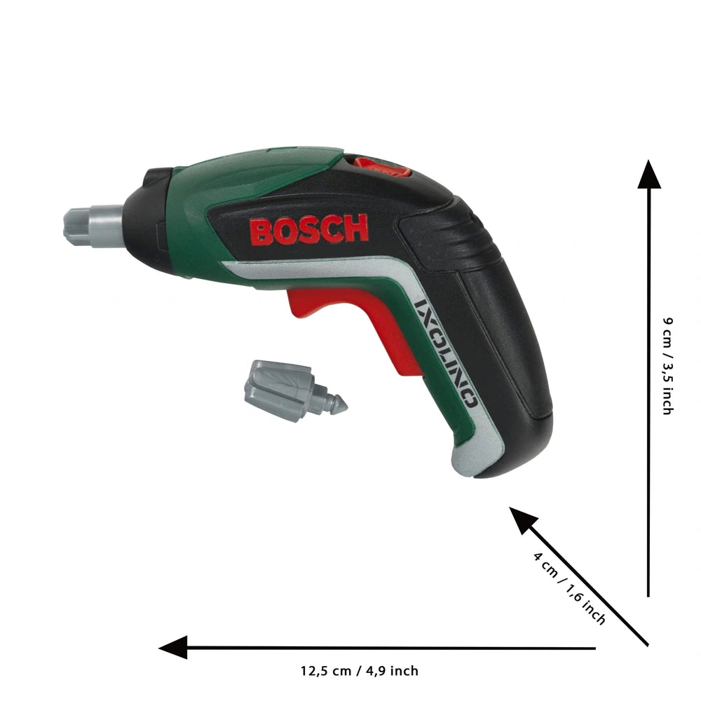 Theo Klein Bosch Ixolino II cordless power drill in red and green plastic with visible battery featuring red and black accent