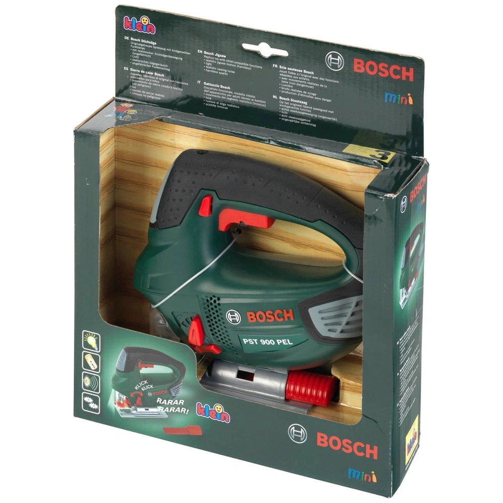 Theo Klein Bosch jigsaw toy in brown cardboard packaging with clear window, featuring red and white labels and visible power 