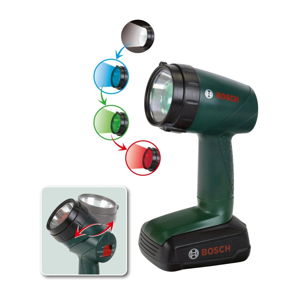 Theo Klein Bosch lamp in green and black with multiple colored lenses for pretend professions and role-playing activities.