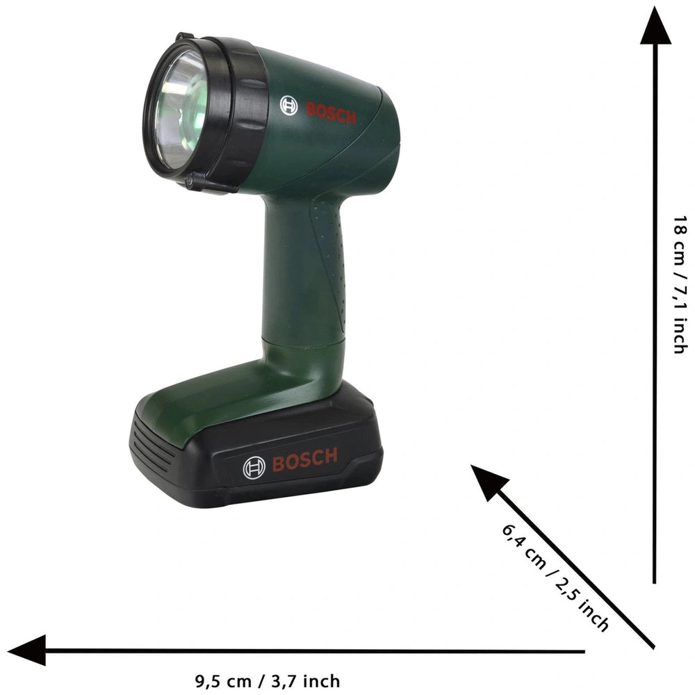 Bosch flashlight by Theo Klein, measuring 18 cm x 6.4 cm, designed for pretend professions and role playing.