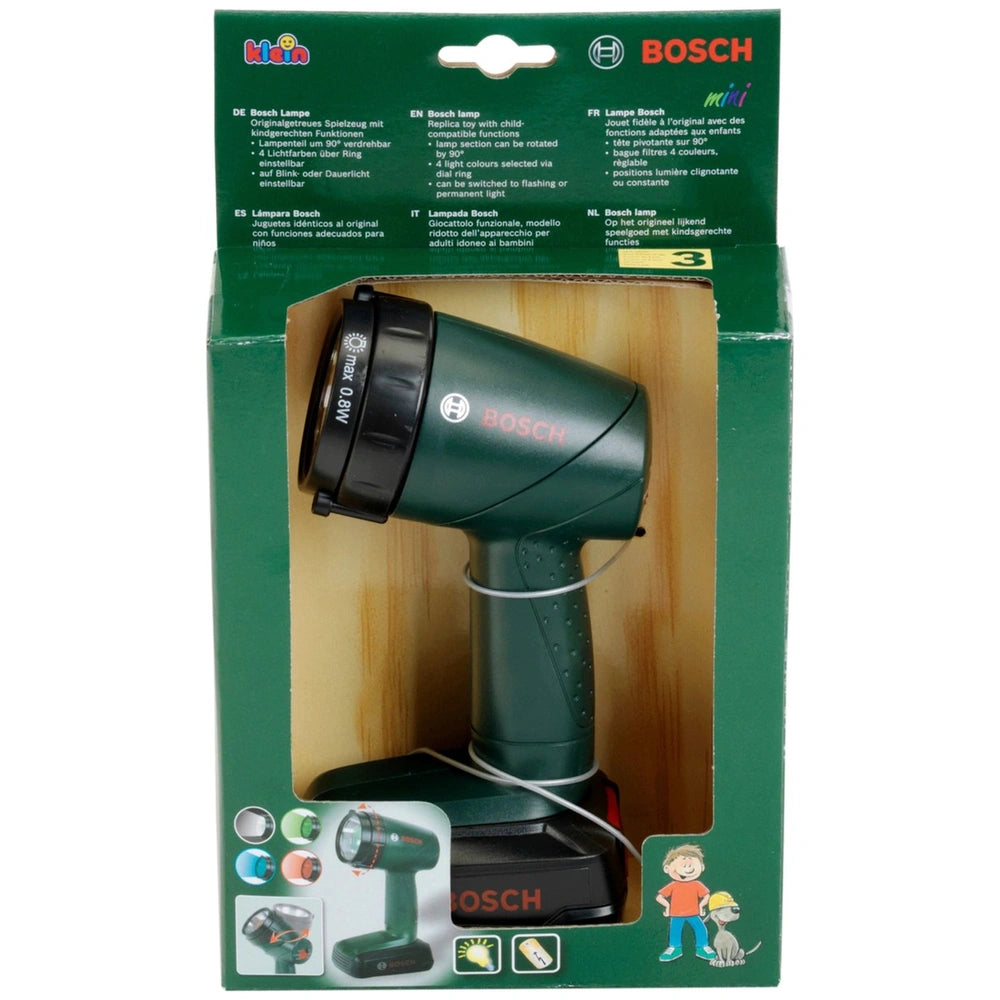 Theo Klein Bosch lamp in green cardboard packaging with a plastic window and black cap, featuring instructional stickers.