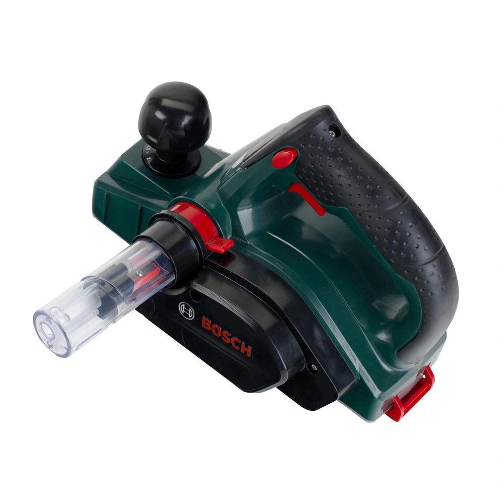 Theo Klein Bosch planer in dark green plastic with a red button, clear window, and black handle for pretend play.