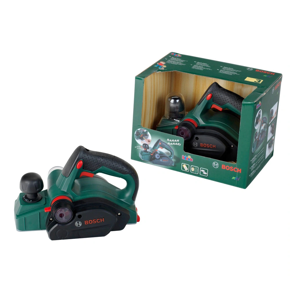 Theo Klein Bosch planer in green cardboard box with clear window, featuring black handle and red accents.