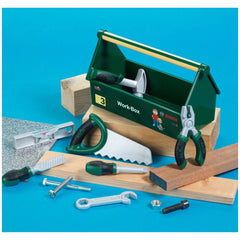 Theo Klein Bosch Work Box features a green toolbox, metal tools, wooden planks, and a blue cardboard box with "3".