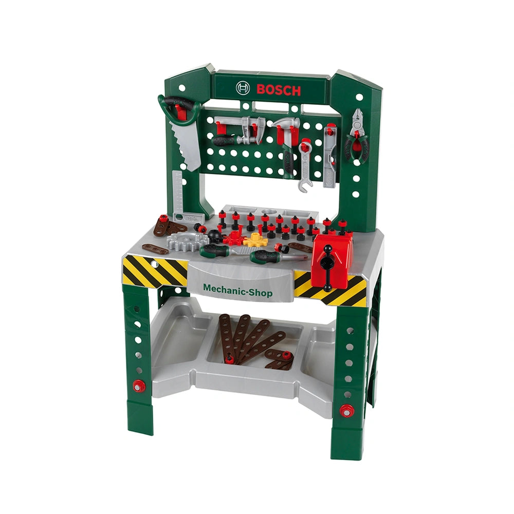 Theo Klein Bosch workbench in green plastic with red tools and "MECHANIC-SHOP" text for pretend play.