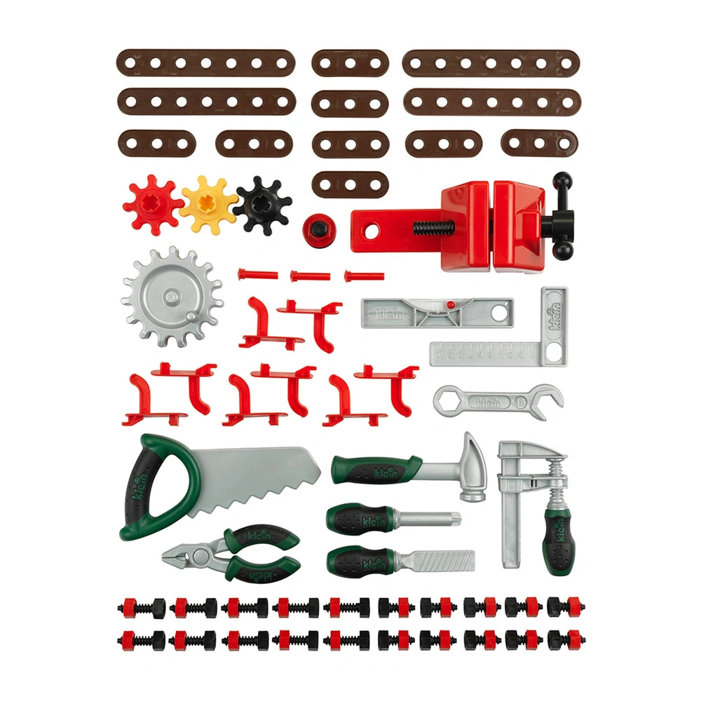 Theo Klein Bosch workbench with 77 pieces including tools like screws, wrenches, and pliers in vibrant colors and plastic mat