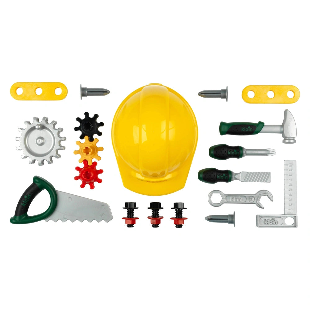 Theo Klein Bosch Workbench Junior featuring various plastic and metal wrenches and a yellow helmet in a centered layout.