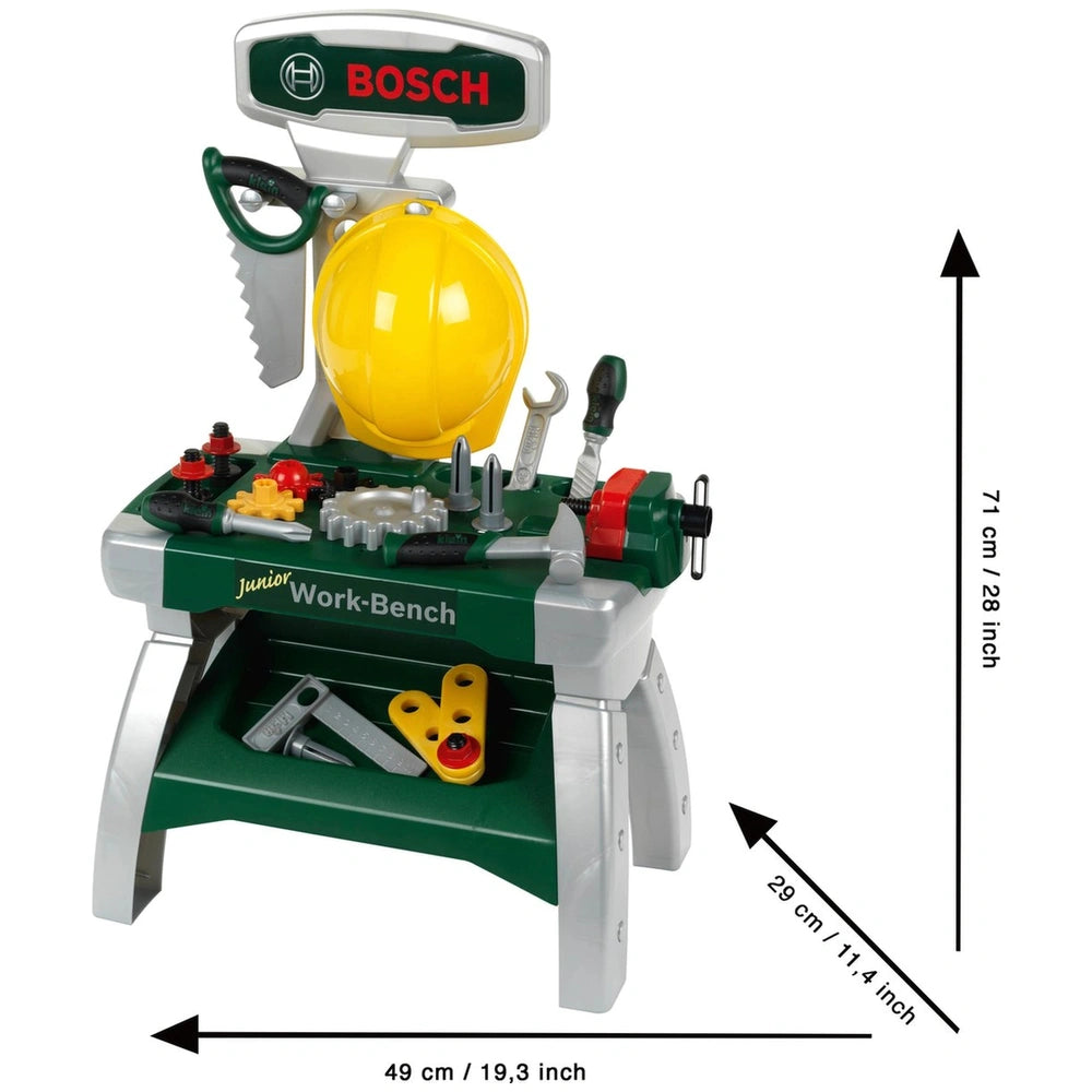 Theo Klein Bosch Workbench Junior in green with plastic tools including screwdriver, pliers, wrench, hammer, and tape measure