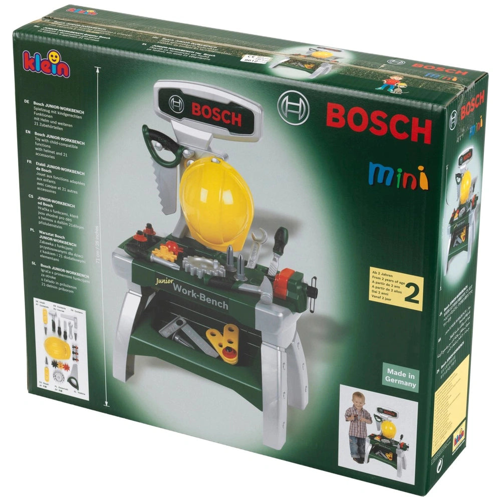 Theo Klein Bosch Workbench Junior packaging features a glossy green design with white and red printed text and a plastic wind